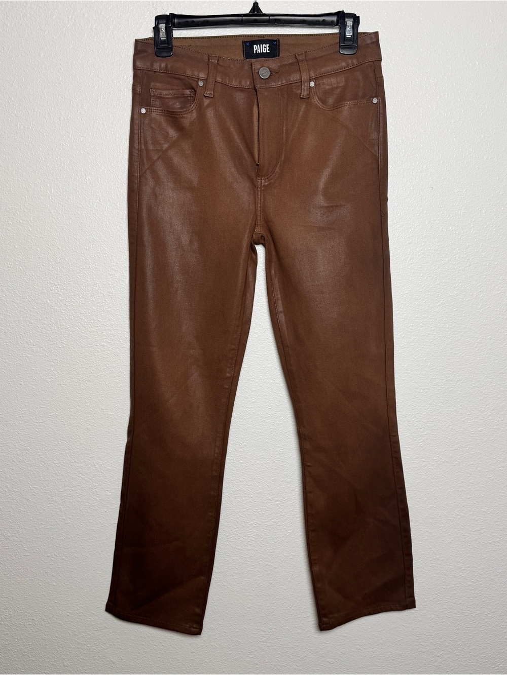PAIGE Cindy Jeans 27 Cognac Luxe Coated High Rise Slim Straight Leather Look - Picture 2 of 8